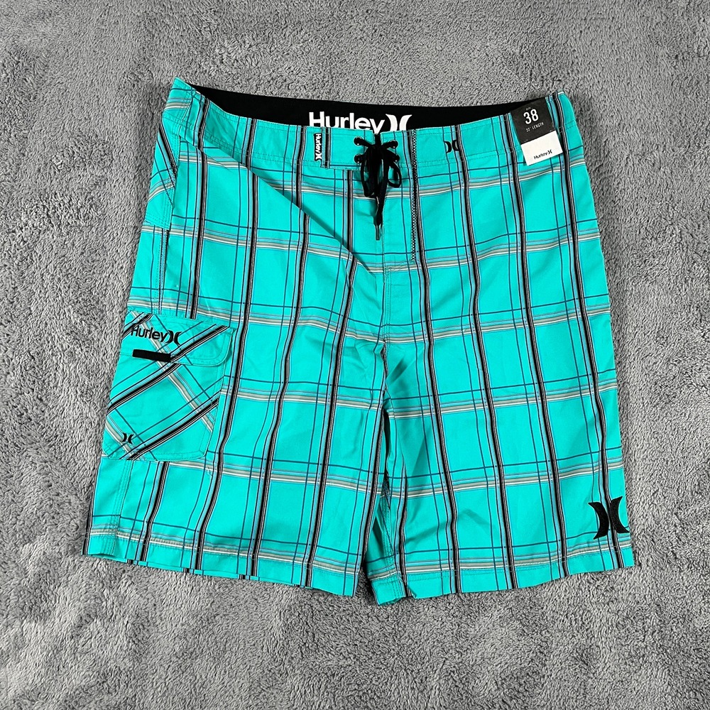 Hurley Board Shorts Mens 38 Teal Plaid 22 in Swim Trunks Drawstring
